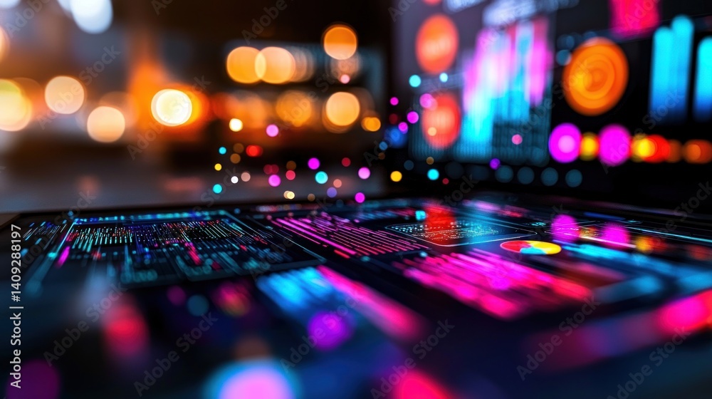 Night city bokeh, laptop screen with glowing data visualization, business analysis Night city bokeh, laptop screen with glowing data visualization, business analysis