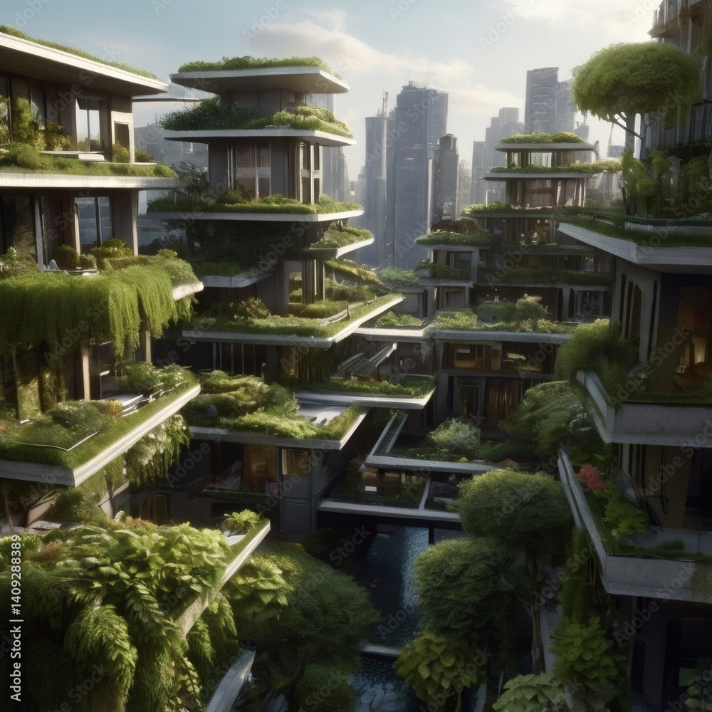 A visionary digital painting of urban spaces transforming into green oases. A visionary digital painting of urban spaces transforming into green oases.