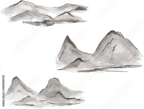 Minimalist ink painting of a mountain on a white background. Traditional oriental ink painting. Mountain illustration using watercolor