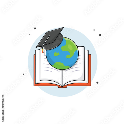 Book with Globe and Graduation Hat Vector Illustration. Global Education Concept Design