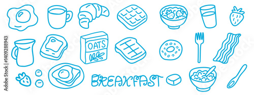 Hand-drawn breakfast foods collection featuring coffee, eggs, cereal bowls, and sweet pastries on a white background