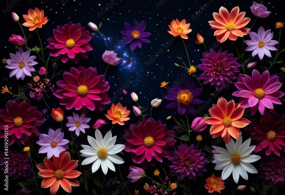 Fototapeta premium Cosmic flower arrangement petal background design dark background floral pattern insert