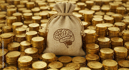 A brain symbol on a sack surrounded by stacks of gold coins symbolizing intellectual property value