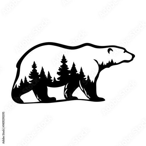 Majestic Polar Bear Silhouette with Forest Landscape Inside