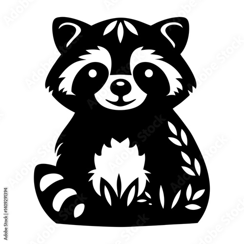 Adorable Black and White Illustration of a Sitting Raccoon in Grass