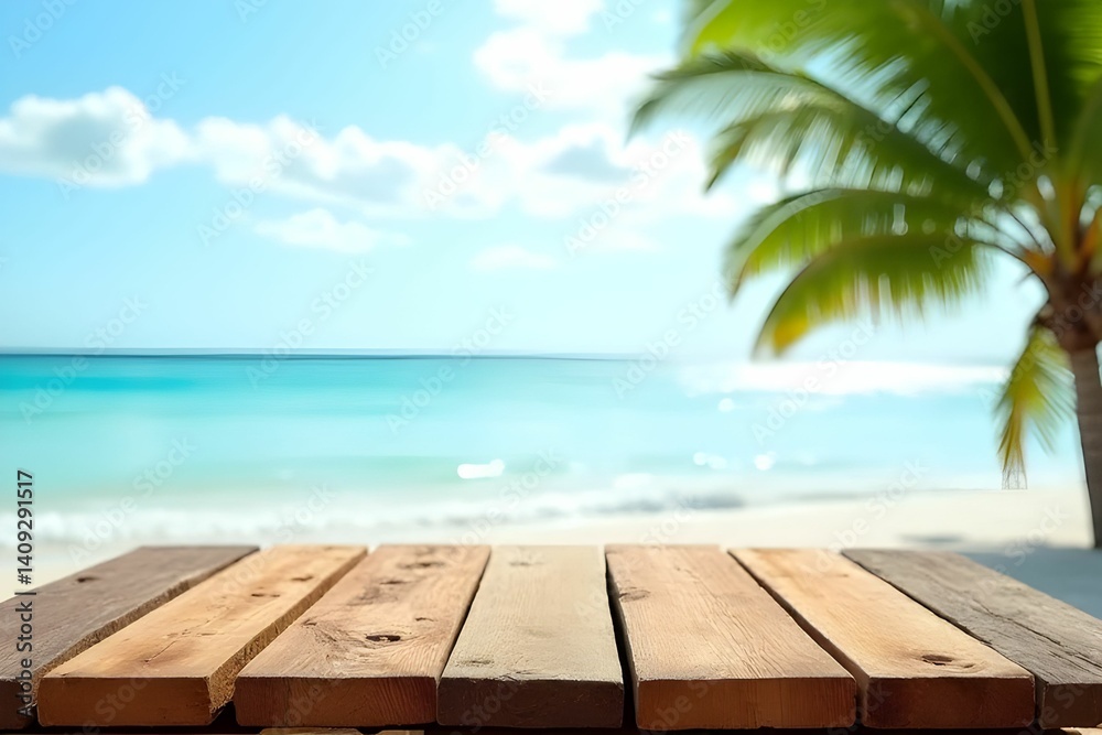 Fototapeta premium Empty wooden table with beach and coconut tree background for backdrop and product presentation. Mockup template for artwork graphic design. Nature background