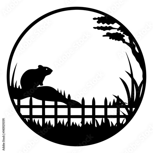 Silhouette of a rodent near a picket fence in a grassy field with a tree in the background a circular design