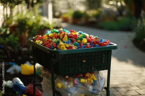 Colorful plastic caps and bottle tops fill a dark green recycling bin. photo