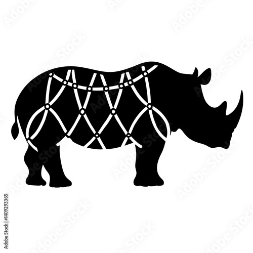 A Black and White Silhouette of a Rhino Secured with a Harness