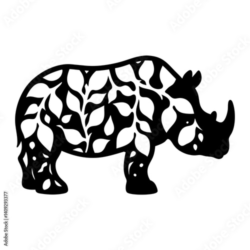 Ornate Rhinoceros Silhouette Botanical Design Elegant Wildlife Art Nature Inspired Animal Illustration
