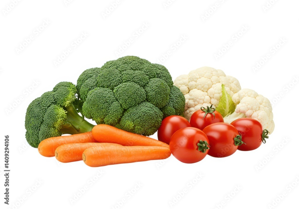 Fresh vegetables broccoli cauliflower carrots and tomatoes isolated on white background Fresh vegetables broccoli cauliflower carrots and tomatoes isolated on white background