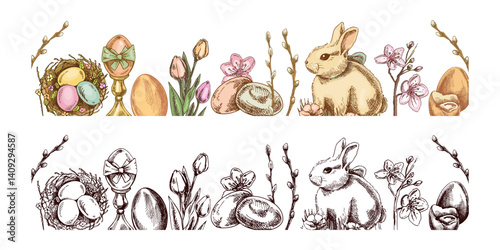Hand drawn Vintage hand-drawn Easter border with bunny, eggs, and spring flowers