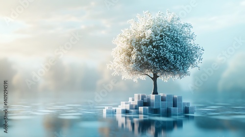 Tree with Cube Leaves: Nature Meets Technology, A digital art piece featuring a tree with cube-shaped leaves, symbolizing technology and nature integration