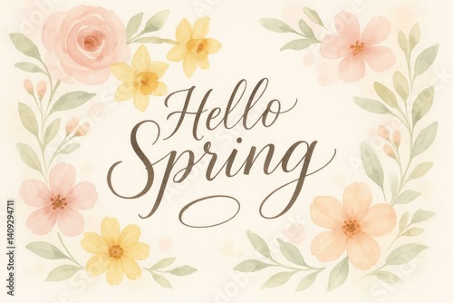 Hello Spring Lettering with Floral Decorations on Light Background  