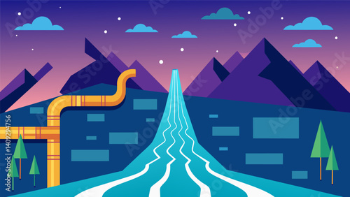 A stream of data flowing through a digital valley symbolizing smooth and efficient transfer in highspeed data transmissions.. Vector illustration