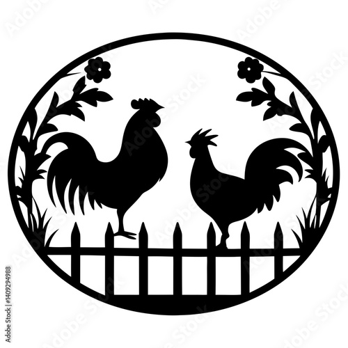 Two Roosters Silhouette in Circular Farm Scene with Fence and Flowers