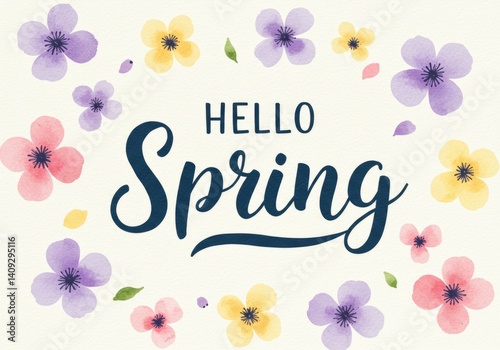 Hello Spring Lettering Surrounded by Colorful Flowers  
