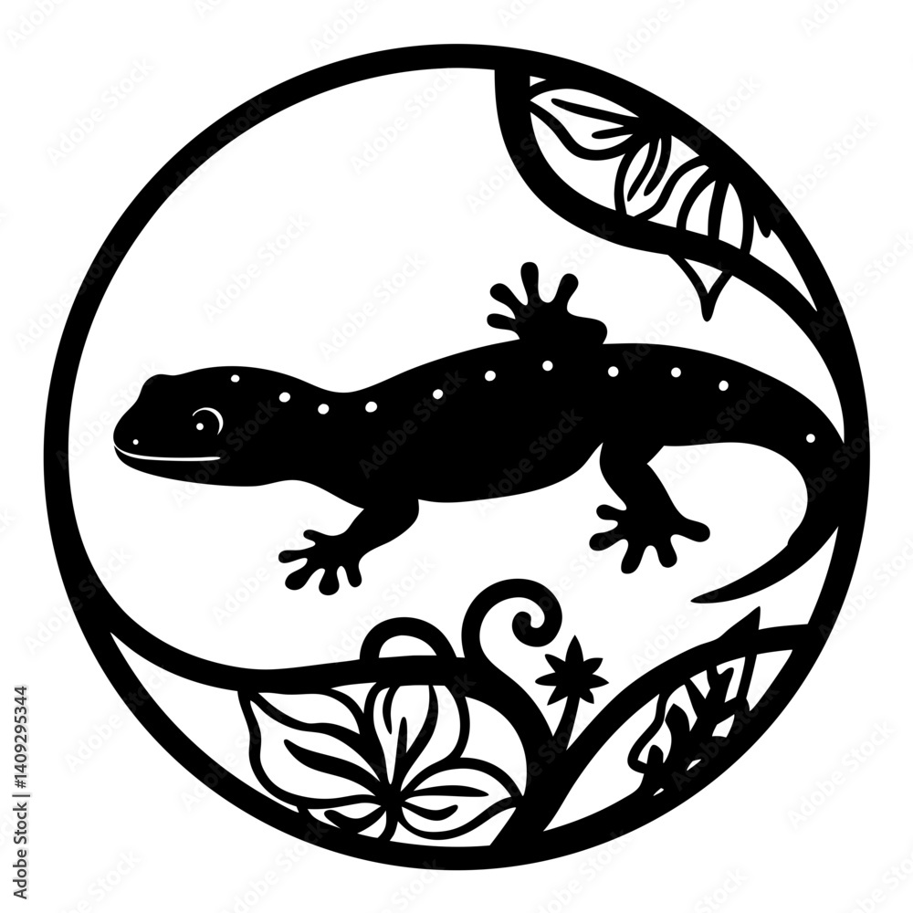 Fototapeta premium A Stunning Black and White Illustration of a Gecko in a Floral Circle Design
