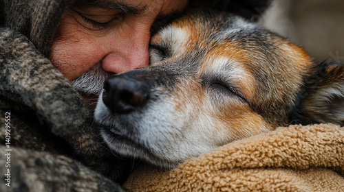 Man cuddling dog in warm embrace, showing love and care