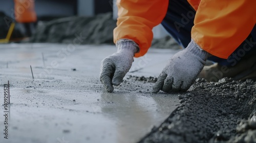 Supervisor examining concrete curing progress at a construction site. Featuring quality control and expertise