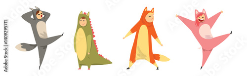 Man and Woman Dressed in Onesie Representing Various Animal Vector Set