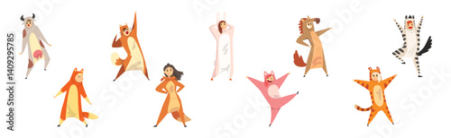Man and Woman Dressed in Onesie Representing Various Animal Vector Set