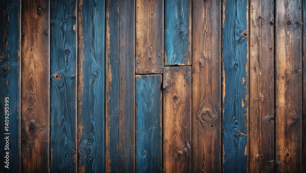 Naklejka premium Dark Blue and Brown Weathered Wooden Planks Texture Background