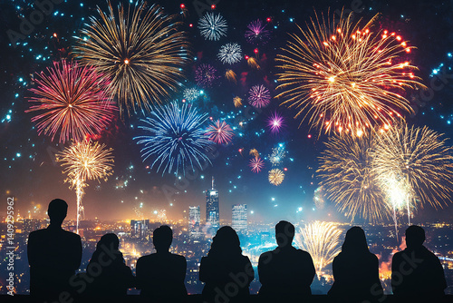 New Year's Eve celebration with people watching colorful fireworks explode in the sky