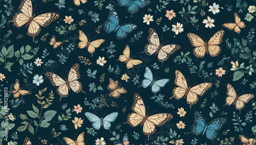 Seamless Butterfly Garden Pattern Elegant Floral and Butterfly Design for Fabric, Paper, and More