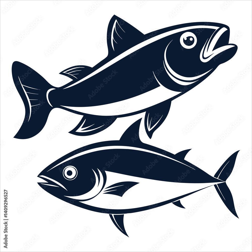Illustration of two fish, one jumping and one swimming, in blue and white Illustration of two fish, one jumping and one swimming, in blue and white