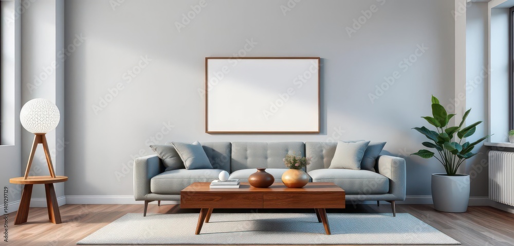 Fototapeta premium Modern living room with stylish decor, mock-up poster, wooden coffee table, ball lamp, cozy, aesthetic
