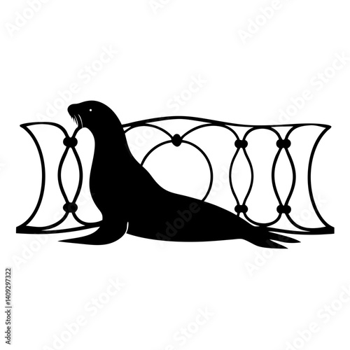 Silhouette of a Seal Resting on an Ornate Fence Design Elegant Black and White Illustration