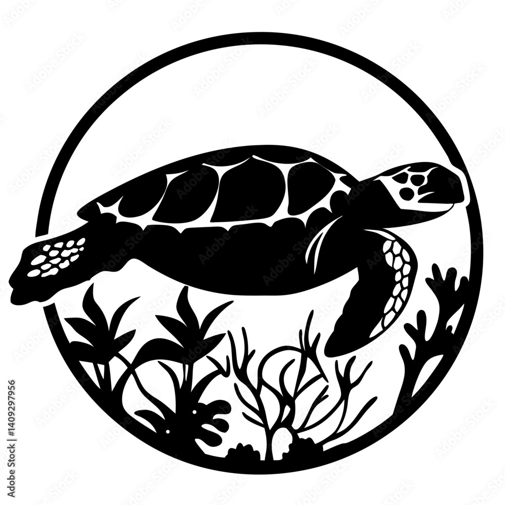 Fototapeta premium Elegant Black and White Silhouette of a Sea Turtle Swimming in a Circle Frame with Aquatic Plants