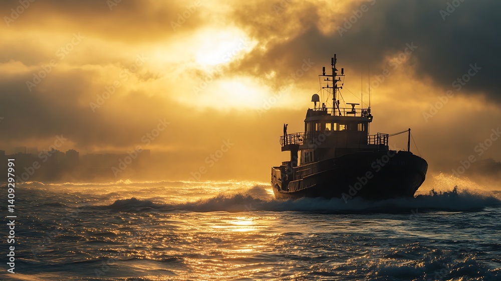 Silhouette of a Boat Sailing on a Wavy Sea during Sunset Golden Light and Dramatic Sky Silhouette of a Boat Sailing on a Wavy Sea during Sunset Golden Light and Dramatic Sky
