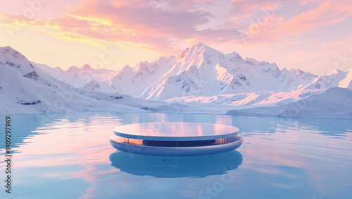 Futuristic circular platform floating on tranquil water, framed by majestic snow-covered mountains under a dreamy pink-orange sky at sunset. A serene and modern blend of nature and innovation