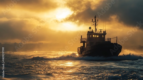 Silhouette of a Boat Sailing on a Wavy Sea during Sunset Golden Light and Dramatic Sky