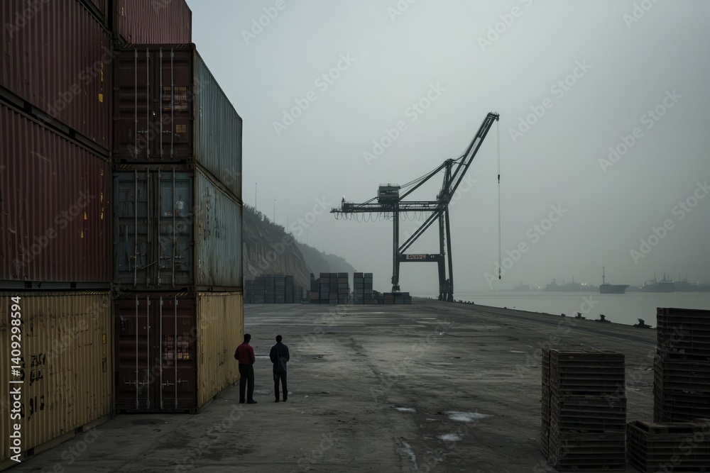 A quiet port with stacked containers sitting untouched. Workers stand near cranes waiting for updates. The mood is tense and uncertain