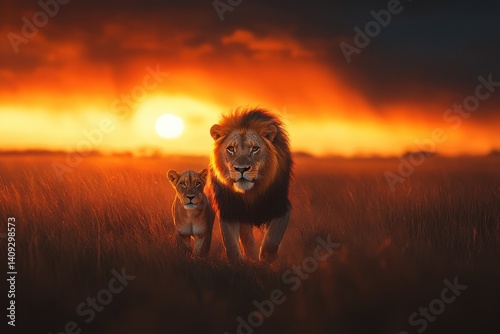 Majestic Sunset: A lion and cub stride confidently across the sun-drenched savanna, Their silhouettes are cast against the fiery hues of a stunning sunset. 