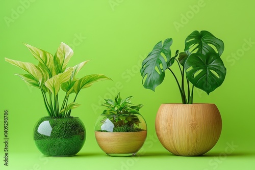 Three potted plants arranged against a vibrant green backdrop. photo