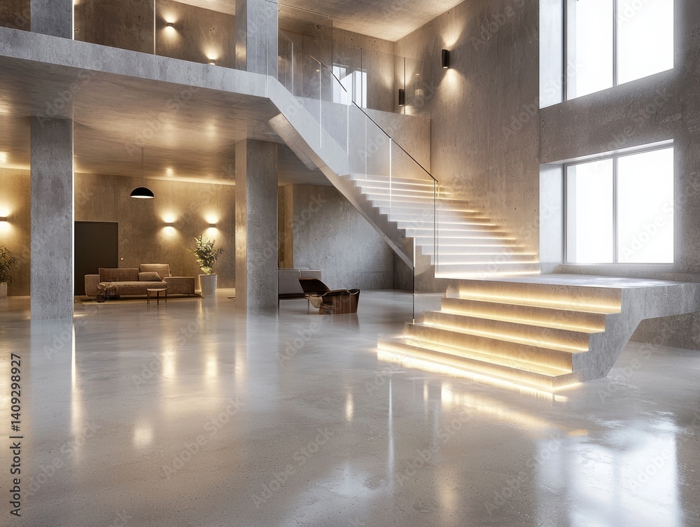 Obraz premium Transforming modern loft interior urban living space design inspiration polished concrete environment contemporary concept