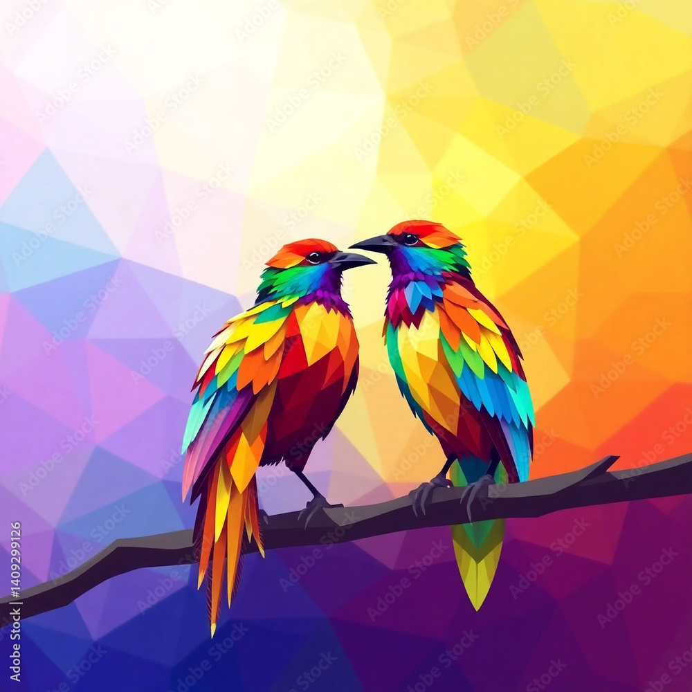 Obraz premium Two colorful geometric birds against a vibrant background