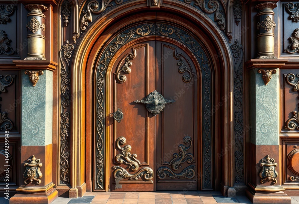 Fototapeta premium Ornate wooden door, intricate lock & key, fantasy style, key, wood texture