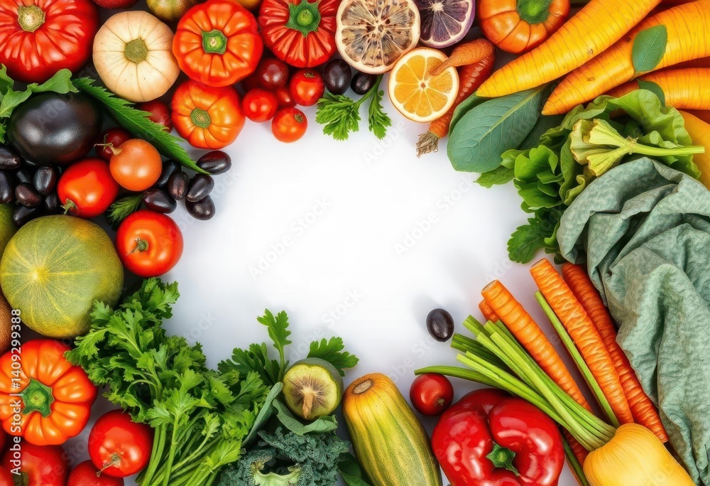 Overhead vibrant rainbow arc of fresh organic fruits & vegetables, diet, bounty Overhead vibrant rainbow arc of fresh organic fruits & vegetables, diet, bounty