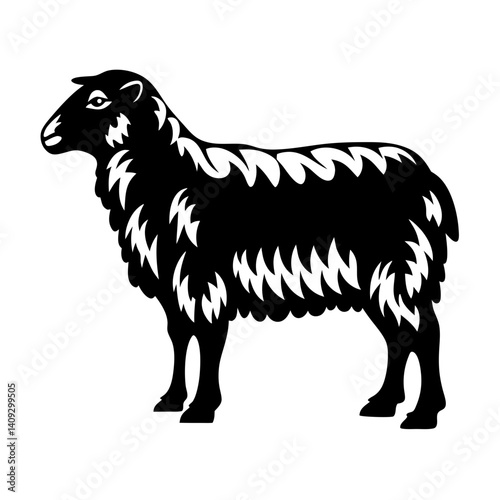 Black and White Illustration of a Fluffy Sheep Standing Sideways