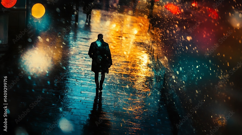 Silhouette Of A Man Walking Alone On A Wet City Street At Night With Colorful Lights Silhouette Of A Man Walking Alone On A Wet City Street At Night With Colorful Lights