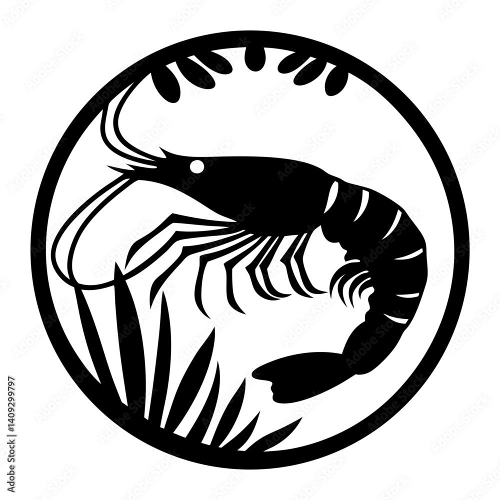 Naklejka premium Elegant Black and White Shrimp Illustration in a Circular Frame with Tropical Leaves