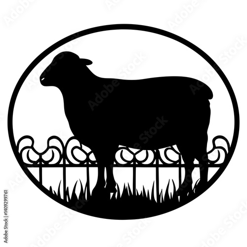 Silhouette of a Sheep Behind a Fence in a Circular Frame