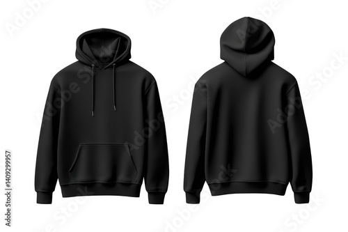 Black hoodie mockup showing front and back view on transparent background