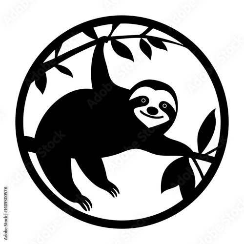 Adorable Sloth Hanging on a Branch in a Circular Frame Black and White Illustration