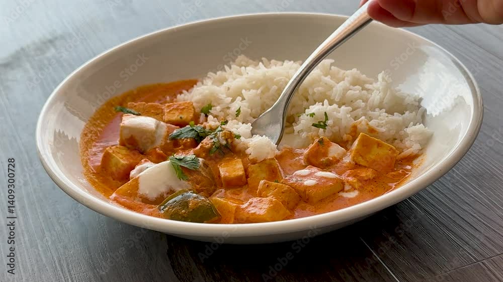 Closeup of Eating Indian Paneer Curry and Rice Closeup of Eating Indian Paneer Curry and Rice